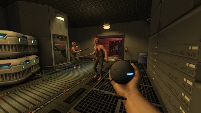 System Shock 2 remaster screenshot: two hybrid mutants with pipes come at the player, who holds a round grenade, in a cryo storage room