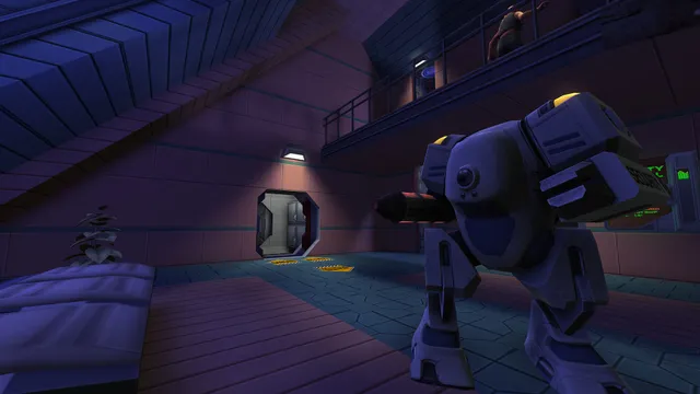 System Shock 2 remaster screenshot: a bulky blue security robot patrols a purple-lit deck of the starship