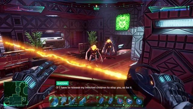 Two pale mutants crouch in a red station lounge behind a laser barrier as SHODAN speaks in a subtitle