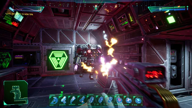 A heavy security robot fires at the player in a dark station corridor beside a green SHODAN logo screen