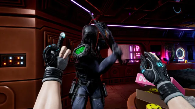 A cyborg in black armour swings a pipe at the player in a neon-lit room
