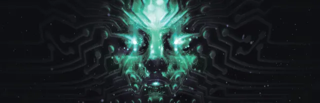 System Shock key art: SHODAN's glowing green face made of circuit lines on a black background