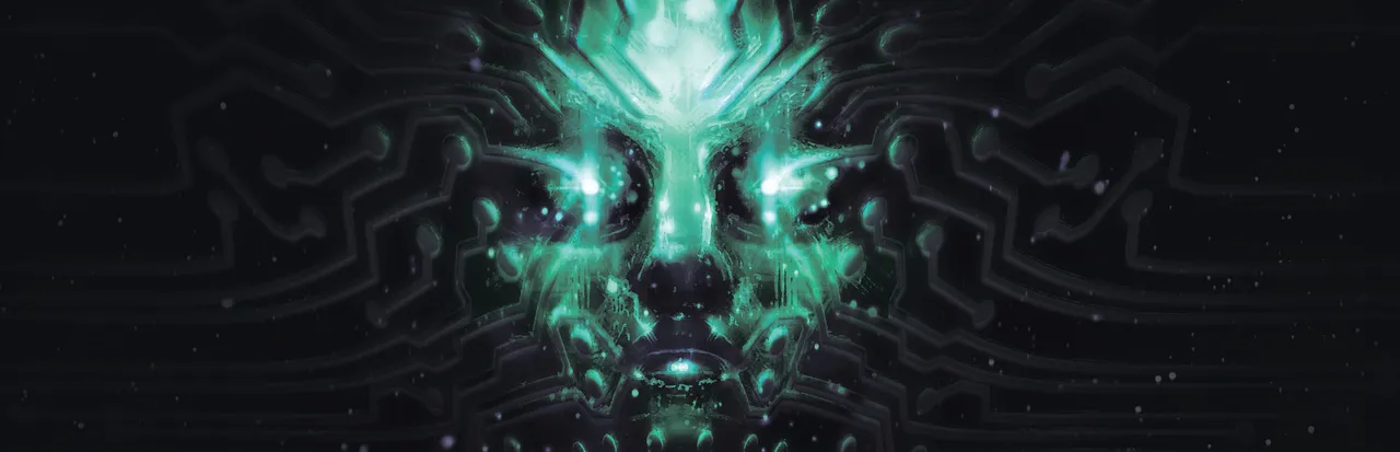 System Shock key art: SHODAN's glowing green face made of circuit lines on a black background