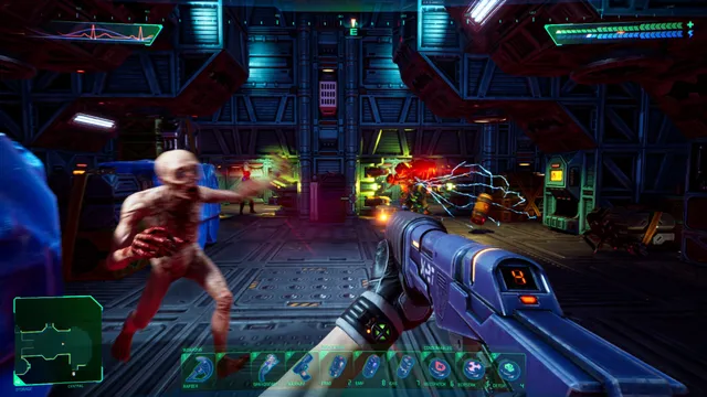 A bloodied mutant runs at the player in a blue-lit corridor as the player raises a pistol