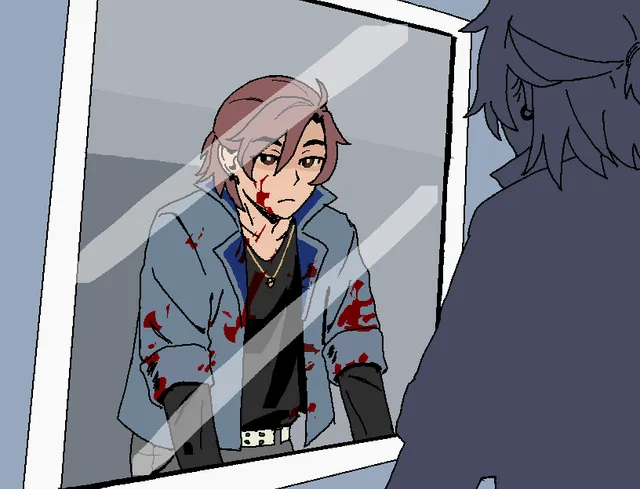 take care of it. drawn scene: a young man with blood on his face and clothes, seen through a window
