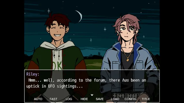 take care of it. screenshot: Riley and Austin side by side under a night sky, with Riley talking about UFO sightings on a forum