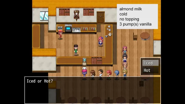 take care of it. screenshot: a top-down cafe with a queue of customers and an order for an iced almond milk drink