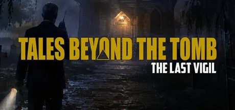 Tales Beyond The Tomb - The Last Vigil store art: a guard with a flashlight and radio walks toward a lit chapel door in a dark, rainy cemetery