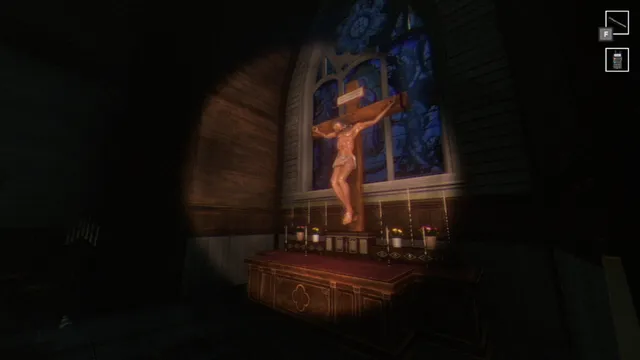 Tales Beyond The Tomb - The Last Vigil screenshot: a flashlight beam on a crucifix above a chapel altar