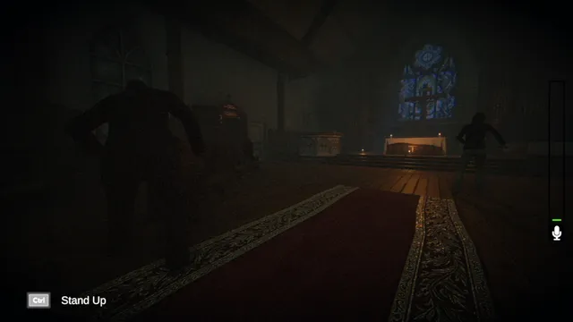 Tales Beyond The Tomb - The Last Vigil screenshot: dark figures in a candlelit chapel aisle before a blue stained-glass window, with a microphone meter on screen