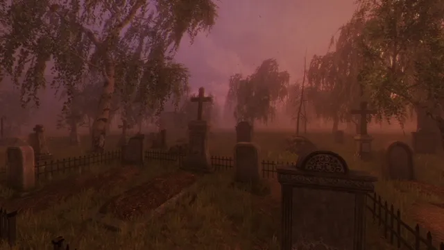 Tales Beyond The Tomb - The Last Vigil screenshot: old gravestones and iron crosses among weeping trees in a foggy cemetery at dusk