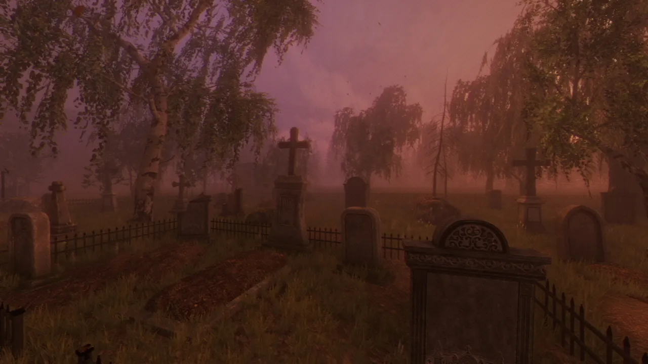 Tales Beyond The Tomb - The Last Vigil screenshot: old gravestones and iron crosses among weeping trees in a foggy cemetery at dusk