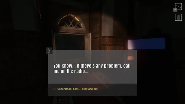 Tales Beyond The Tomb - The Last Vigil screenshot: the boss's voice on the radio says to call if there is any problem, in a dark doorway