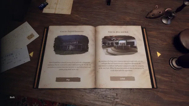 The case book open on a desk, showing the Enfield Encounter and Alice and Bob cases to choose from