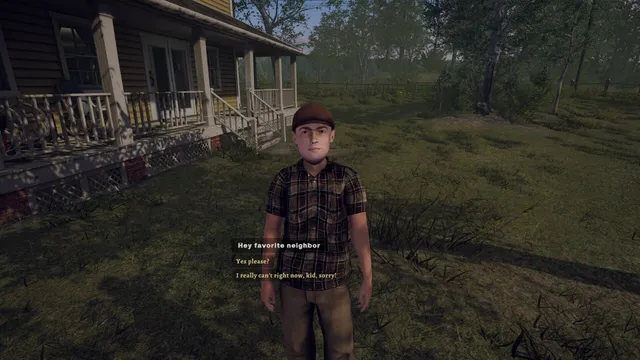 A neighbour in a cap and plaid shirt greets the player on a suburban lawn in front of a house porch