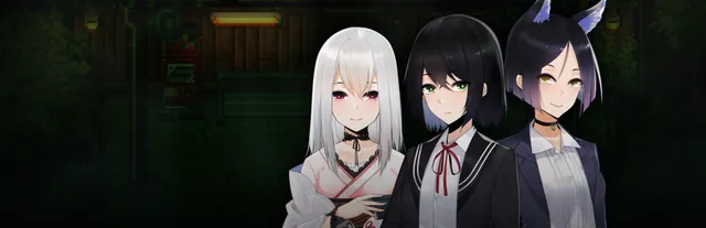Tales of the Black Forest key art: three anime girls, one white-haired in a kimono and one with fox ears, before a dark pixel-art station