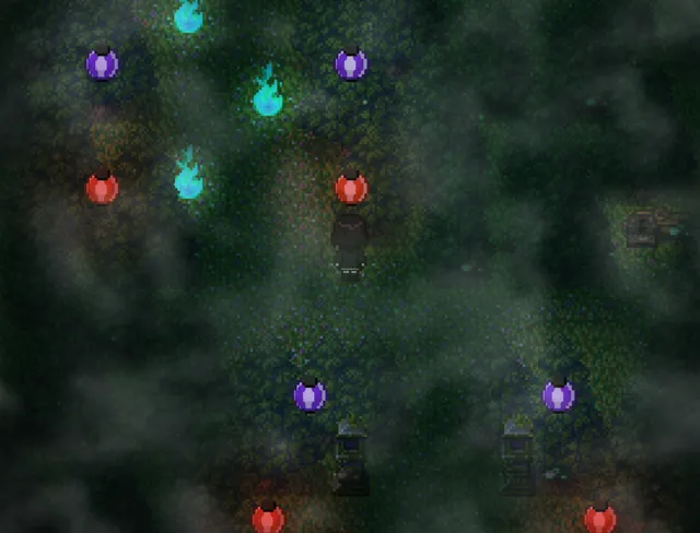 Tales of the Black Forest screenshot: a figure on a forest path in thick fog, between rows of lanterns and blue will-o'-the-wisps