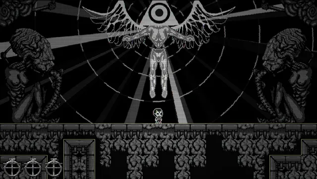 A small skull-headed figure beneath a huge winged idol with a single eye, flanked by grotesque statues in grey pixel art