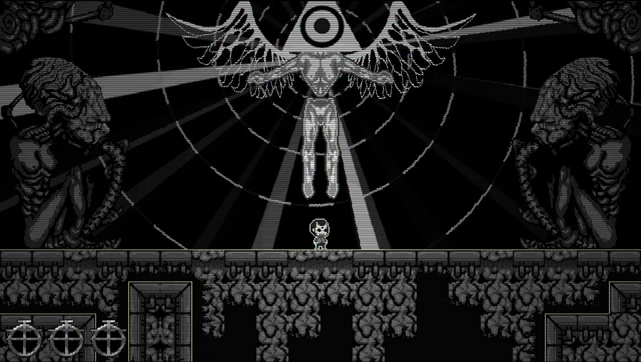 A small skull-headed figure beneath a huge winged idol with a single eye, flanked by grotesque statues in grey pixel art