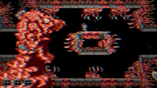 A room of pulsing red flesh with spiked platforms and glitching colour