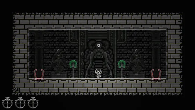 A brick chamber with a one-eyed idol between hooded statues and two green lamps