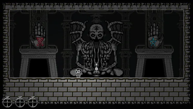 A tentacle-faced winged god sits on a throne between two giant hands marked with symbols