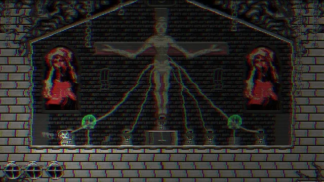 A crucified figure with outstretched cables above a row of small figures in a glitching chapel