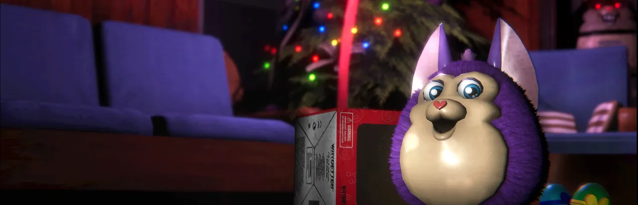 Tattletail key art: the purple, furry Tattletail toy with big blue eyes and a heart-shaped nose beside its red box, in front of a lit Christmas tree, with a dark figure with red eyes in the background