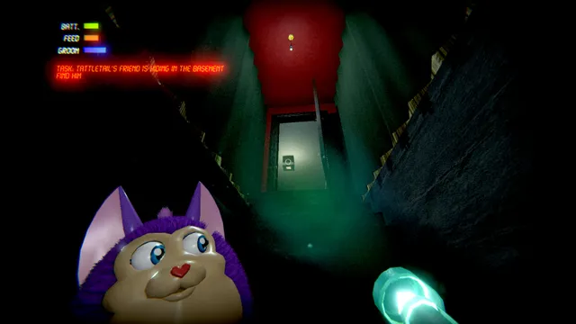 Tattletail screenshot: holding the purple Tattletail toy at the top of dark basement stairs, flashlight in hand, with the task to find Tattletail's friend in the basement