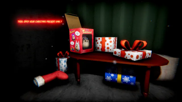 Tattletail screenshot: an opened Talking Tattletail box on a table among Christmas presents and a stocking, with the task to open your present early