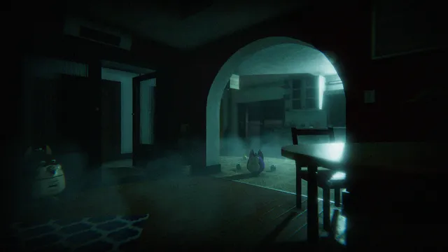 Tattletail screenshot: a dark house at night seen through an archway, with a Tattletail toy on the floor and a large shadowy figure by the doorway