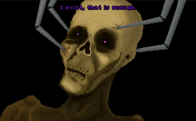 Teeth of Glass screenshot: a withered, skull-faced figure with glowing purple eyes held by metal arms, saying I exist, that is enough