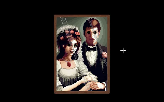 Teeth of Glass screenshot: a framed wedding photograph of a bride and a groom in a pale mask