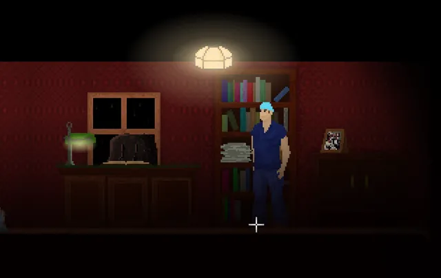 Teeth of Glass screenshot: the surgeon in a red-walled study with a bookcase and a lamp