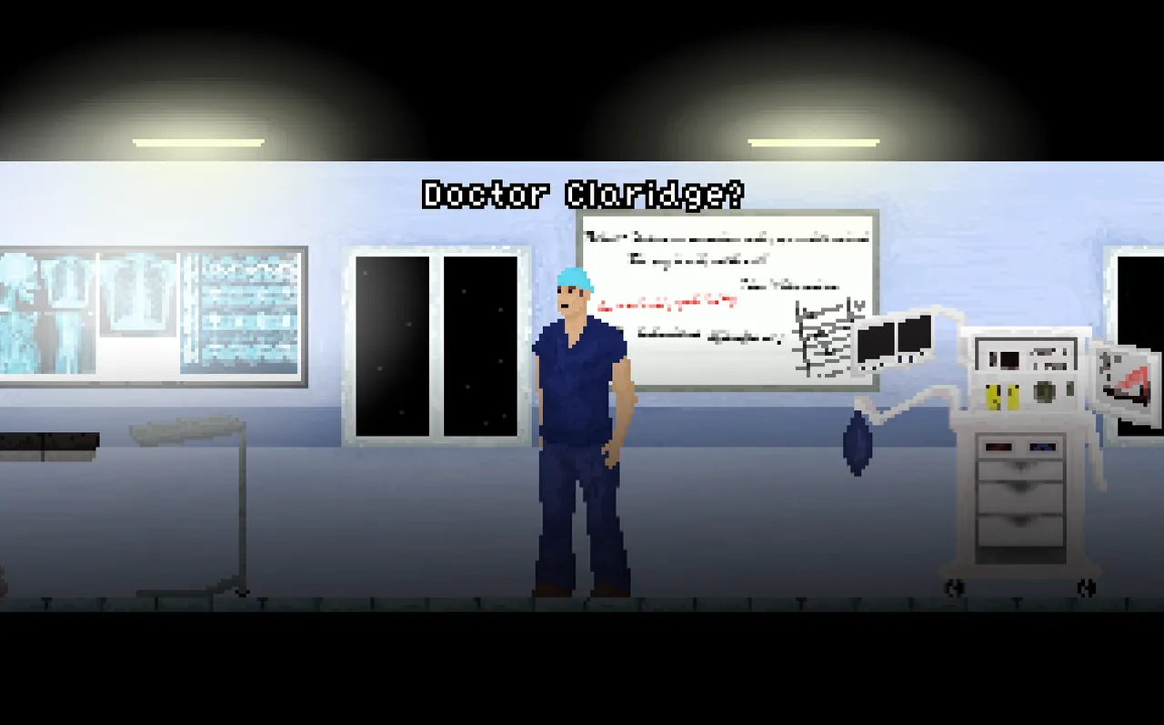 Teeth of Glass screenshot: a surgeon in blue scrubs in a lit hospital corridor, calling for Doctor Claridge