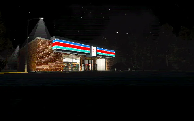 Teke Teke: Moonlit Dread screenshot: a lit convenience store with red and blue stripes on a dark road at night