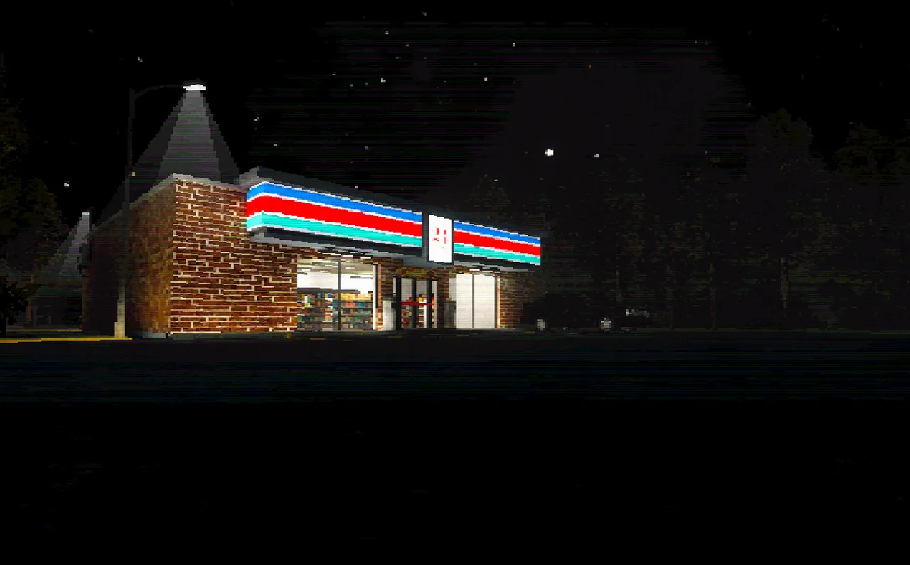 Teke Teke: Moonlit Dread screenshot: a lit convenience store with red and blue stripes on a dark road at night