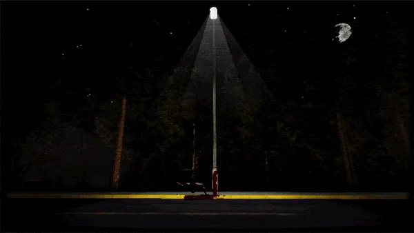 Teke Teke: Moonlit Dread screenshot: a dark figure dragging itself on its arms beside a bloodstained street lamp on an empty road