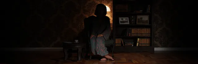 TELEFORUM key art: the widow sits in shadow in an armchair beside a lamp, a side table and a bookcase, in a dark wallpapered room