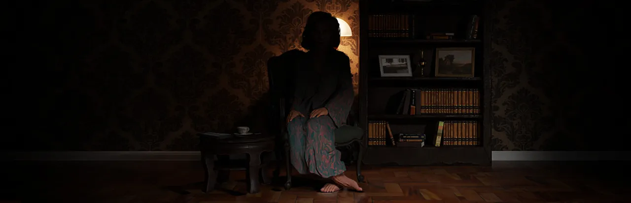 TELEFORUM key art: the widow sits in shadow in an armchair beside a lamp, a side table and a bookcase, in a dark wallpapered room
