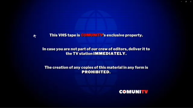 TELEFORUM screenshot: a blue COMUNITV warning card says this VHS tape is the station's exclusive property and copies are prohibited