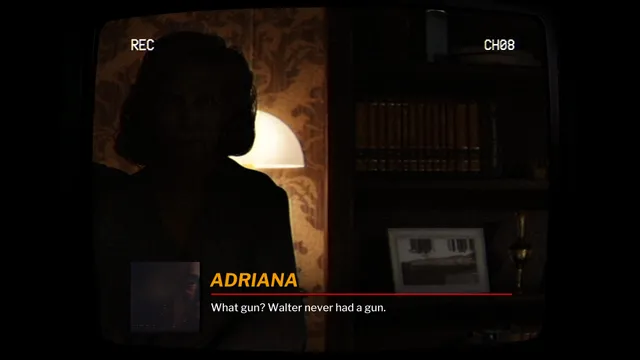TELEFORUM screenshot: a VHS camera view marked REC and CH08 shows the widow Adriana in silhouette saying Walter never had a gun