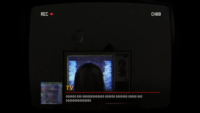 TELEFORUM screenshot: a woman seen from behind faces an old television full of static, with garbled text from the TV below
