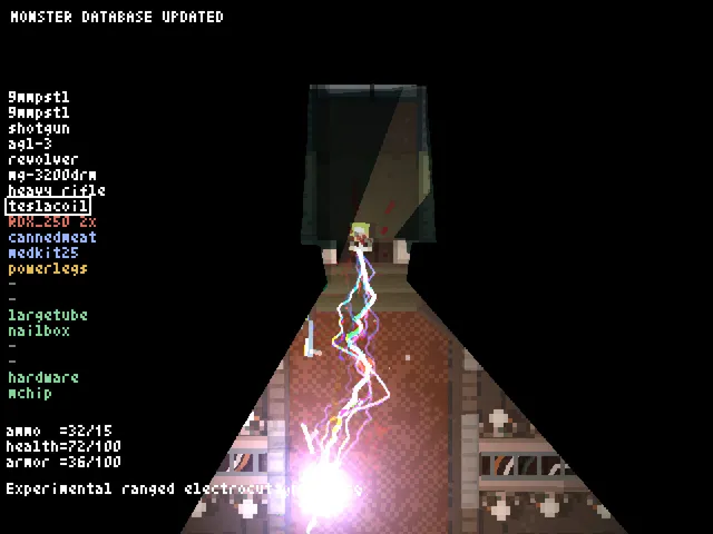 Teleglitch screenshot: an experimental tesla coil firing lightning down a narrow corridor beside the inventory list