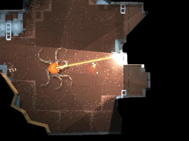 Teleglitch screenshot: the player firing a beam at a spider-legged creature in a dim pixel-art room