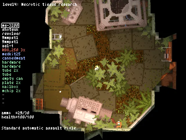 Teleglitch screenshot: an overgrown laboratory room seen from above with the weapon list at the left