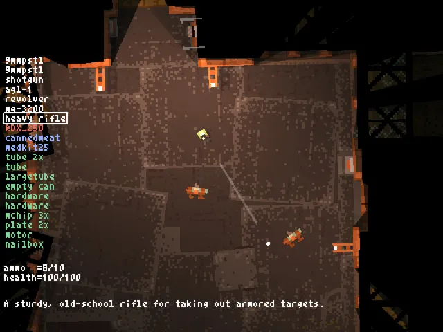 Teleglitch screenshot: a large rust-coloured room seen from above with a heavy rifle selected