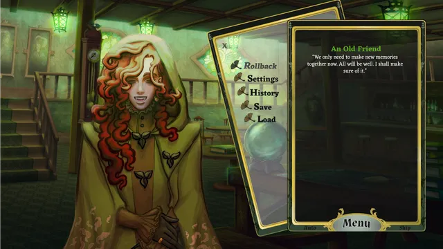 Tell It Slant screenshot: a hooded red-haired woman smiling to show fangs in a lamp-lit room, saying all will be well, she shall make sure of it