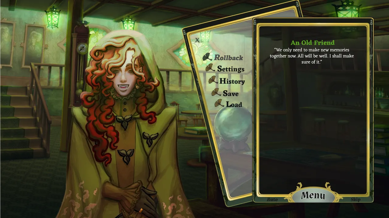 Tell It Slant screenshot: a hooded red-haired woman smiling to show fangs in a lamp-lit room, saying all will be well, she shall make sure of it