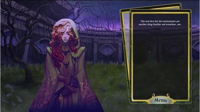 Tell It Slant screenshot: the same hooded woman in an overgrown courtyard under a violet sky, beside a text card about a face that is familiar and somehow not